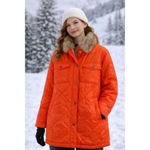 Aerie Womens Orange Quilted Sherpa Lined Faux Fur Collar Jacket Large